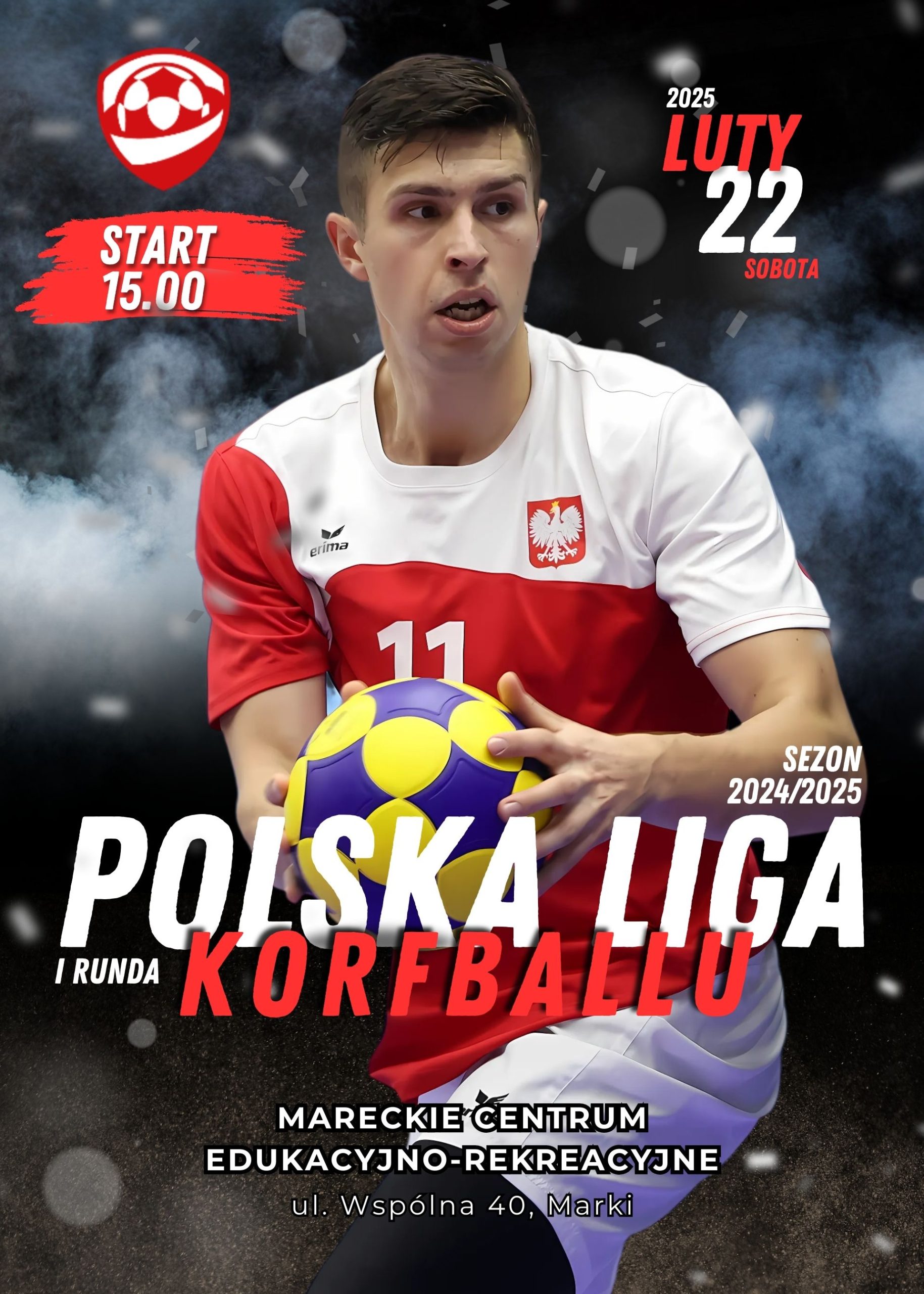 I Runda Polskiej Ligi Korfballu w sezonie 2024/2025. Zawodnik z piłką, logo PZKORF, 22 lutego 2025 r.