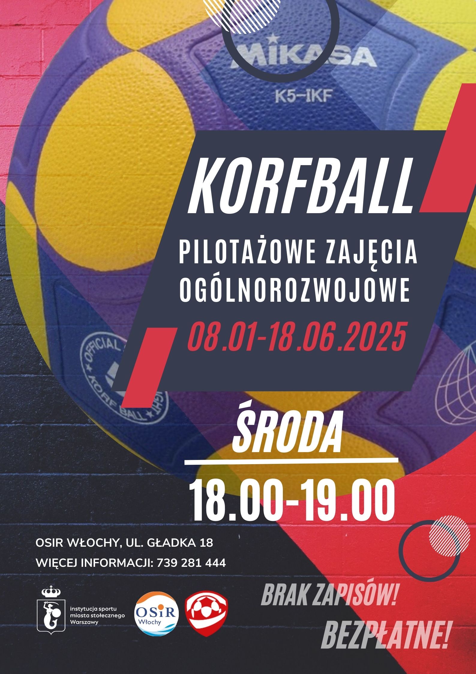 piłka korfballowa, treningi w każdą środę od 18.00 do 19.00 od 8 stycznia 2025 r. do 18 czerwca 2025 r., OSIR Włochy